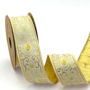 Gold Jacquard Ribbon Trim: Embroidered Sewing Decor, 35mm Wide