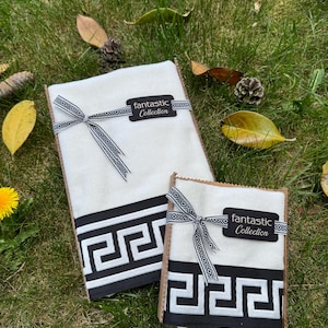 White Velvet Turkish Cotton Towel Set: Embroidered Greek Key Design