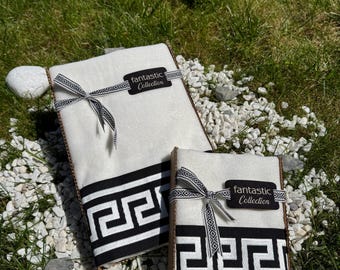 White Velvet Turkish Cotton Towel Set: Embroidered Greek Key Design