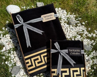 Juego de toallas de terciopelo negro y algodón turco: diseño bordado de greca.