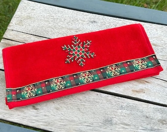 Handmade Velvet Christmas Towel: Embroidered Patch & Woven Border