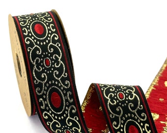 Jacquard Ribbon Geometric Woven Trim for Clothing and Home Decor, Red Black Embroidered Woven Fabric, 35 mm Embroidered Jacquard Border