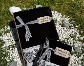 Black Velvet Turkish Cotton Towel Set: Silver Embroidered Baroque Design