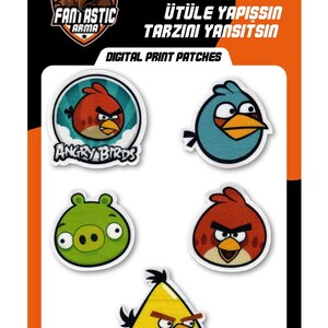 May include: A set of five iron-on patches featuring Angry Birds characters including a red bird with the Angry Birds logo, a blue bird, a green pig, a red bird, and a yellow bird. The packaging includes the text Fantastic Arma, Iron On Shine Out, Utule Yapissin Tarzini Yansitsin, and Digital Print Patches.