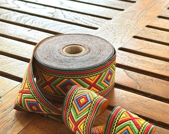 African Motif Jacquard Ribbon for Sewing Crafts, 50 mm Green and Red Crafting Trim for Camera and Guitar Straps, Costume Trim, Woven Fabric