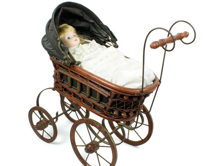 Lovely German Baby Doll Stroller Carriage Buggy Wicker Wooden Toy