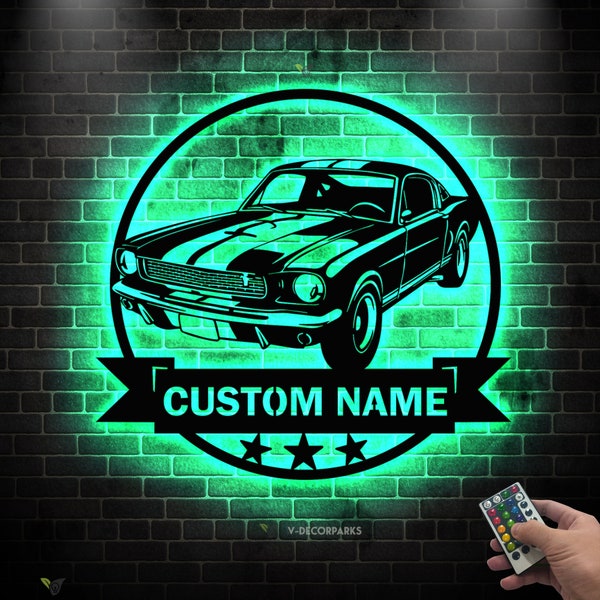 Custom Garage Metal Wall Art LED Light Personalized Classic Muscle Car Name Sign Home Decor Mechanic Repair Decoration Repairman Birthday