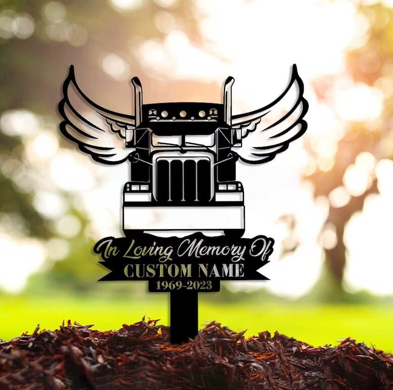 Custom Semi Truck Trucker Truck Driver Angel Wings Memorial Stake