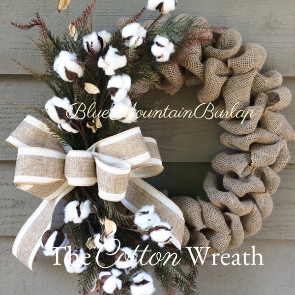 The Cotton Burlap Wreath, Cotton Wreath, Fall Wreath, Front Door Wreath, Autumn Wreath