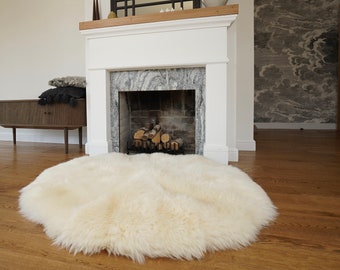 GIANT SHEEPSKIN Round White Throw Genuine leather Sheep Skin 51" Decorative Amazing Genuine Natural Round Sheepskin Rug - Thick Creamy