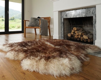 PEAU DE MOUTON GÉANTE Jeté double XXL mouflon marron en cuir véritable, peau de mouton, 48 x 48 po. Tapis décoratif naturel, confortable, douillet