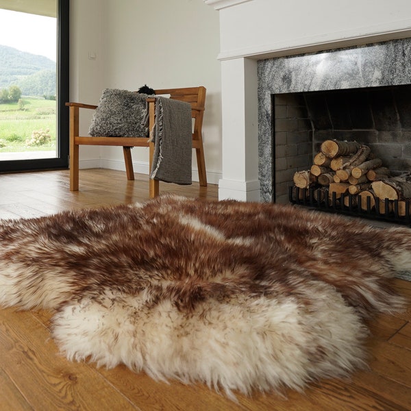 PEAU DE MOUTON GÉANTE Jeté double XXL mouflon marron en cuir véritable, peau de mouton, 48 x 48 po. Tapis décoratif naturel, confortable, douillet