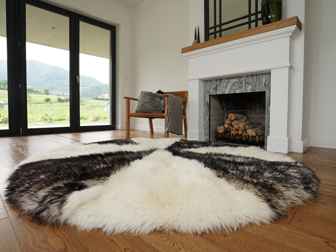 GIANT SHEEPSKIN Round White and Brown Throw Genuine Leather Sheep Skin