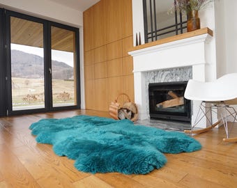 GIANT RUG FOUR sheepskin  Green Throw Genuine leather Sheep Skin Decorative rug Green comfy, cozy, Natural very thic!