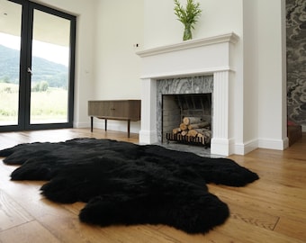 GIANT Rug FOUR SHEEPSKIN Black Throw Genuine Leather Sheep Skin Decorative rug - Black comfy, cozy, natural very thick classic