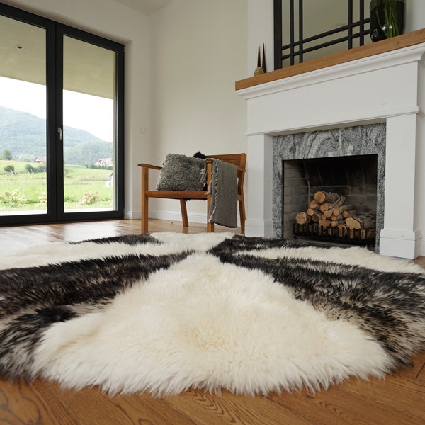 GIANT SHEEPSKIN Tappeto rotondo bianco e nero in vera pelle di pecora 74" decorativo sorprendente tappeto rotondo naturale in pelle di pecora - spesso color crema