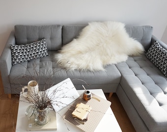 May include: A gray tufted sectional sofa with two black and white cat-patterned rectangular pillows and a large white sheepskin throw. A white coffee table holds a glass vase with bare branches, a laptop, a small gourd, and a stack of books.