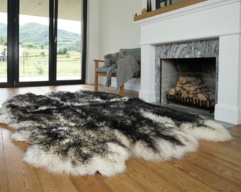 SUPER sale Rug SEXTO SHEEPSKIN Black MouflonThrow Genuine Leather Sheep Skin Decorative rug - White comfy, cozy, natural very thick!