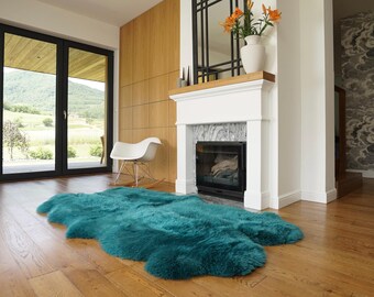 GIANT RUG FOUR sheepskin  Green Throw Genuine leather Sheep Skin Decorative rug Green comfy, cozy, Natural very thic!