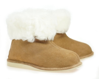 Natural Leather Wool Slippers, Sheepskin Shearling Boots
