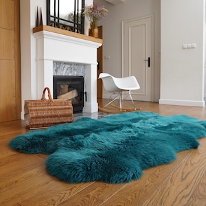 GIANT RUG FOUR sheepskin  Green Throw Genuine leather Sheep Skin Decorative rug Green comfy, cozy, Natural very thic!