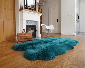 GIANT RUG FOUR sheepskin  Green Throw Genuine leather Sheep Skin Decorative rug Green comfy, cozy, Natural very thic!