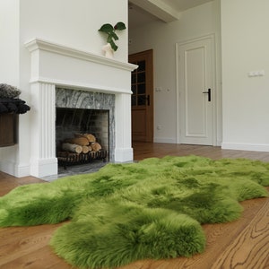 GIANT RUG FOUR sheepskin  Green Throw Genuine leather Sheep Skin Decorative rug Green comfy, cozy, Natural very thic!