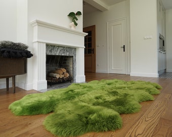 GIANT RUG FOUR sheepskin  Green Throw Genuine leather Sheep Skin Decorative rug Green comfy, cozy, Natural very thic!