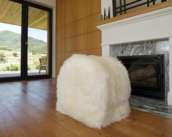 Elegant Luxurious Real Sheepskin white Ottoman Pouf Pouffe bench chair Scandinavian Ottoman  Natural genuine Sheepskin, Style footstool