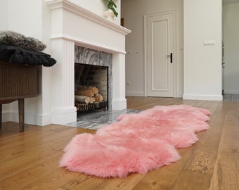 GIANT SHEEPSKIN Double XXL Pink Throw Genuine leather Sheep Skin 79" x 30" Decorative rug Natural comfy, cozy, hair is very thick, shiny !