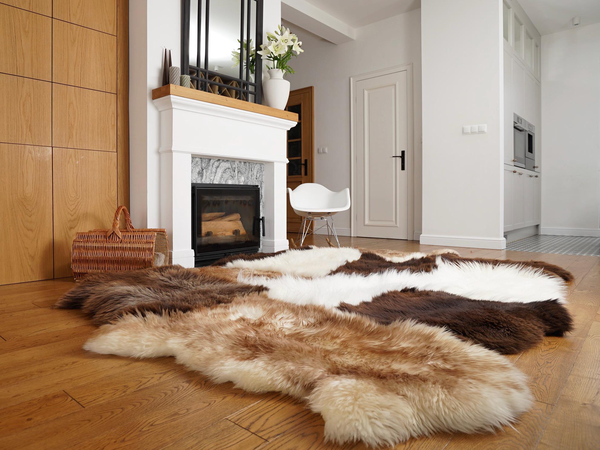 SHEEPSKIN Rug Natural Patchwork 8.5'x6.5' feet Throw Genuine Leather Sheep Skin Decorative rug - White, Brown comfy, cozy, thick!