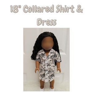 Puede incluir: Camisa y vestido con cuello de 45,7 cm. Una muñeca con una camisa de vestido con cuello de estampado floral blanco y negro con botones blancos.