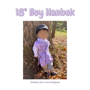 May include: 18" Boy Hanbok. A purple hanbok with a white undershirt and a brown belt. The doll is wearing a black hat and brown shoes. The doll is standing next to a tree.