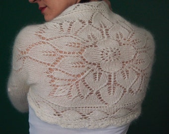 Wedding bolero for bride, mohair with silk, lace flower details in custom color. Hand knitted shrug with long sleeves