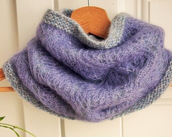 Levander double tube scarf with lace layer. Knitted snood using mohair, silk, merino wool. Estonian Lace motif. Perfect gift. Universal size