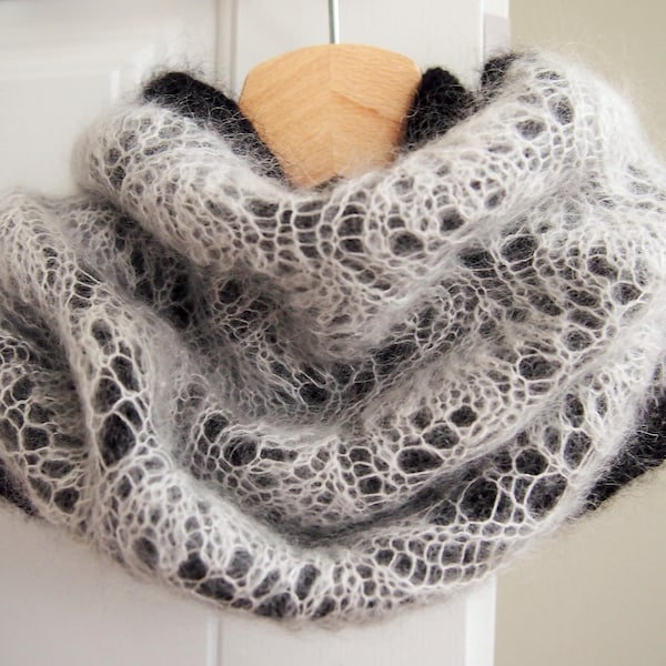 Foulard double tube avec dentelle. Snood fait main en mohair, soie, laine mérinos. Motif de dentelle estonienne. Cadeau parfait pour elle