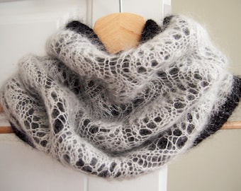 Double tube scarf with lace. Handmade snood in mohair, silk, merino wool. Estonian Lace motif. Perfect gift for her