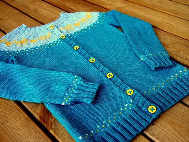 Classic yoke cardigan with fair isle and bird motif. Merino wool and Cotton blend. Must have for Children / Kids / Preschooler / Classic image 1