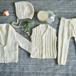 Boy suit for Baptism, Christening. Shawl collar jacket, suit trousers, cable knit vest and royal style bonnet set in alpaca wool