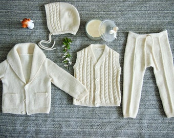 Boy suit for Baptism, Christening. Shawl collar jacket, suit trousers, cable knit vest and royal style bonnet set in alpaca wool