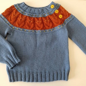 Owl sweater for a toddler in jeans and rust color. Merino wool with Cotton. Wise owlets for smart kids. Classic design with modern twist