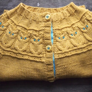 Owl cardigan for a toddler in mustard color. Merino wool with Cotton. Wise owlets for smart kids. Classic design with modern twist