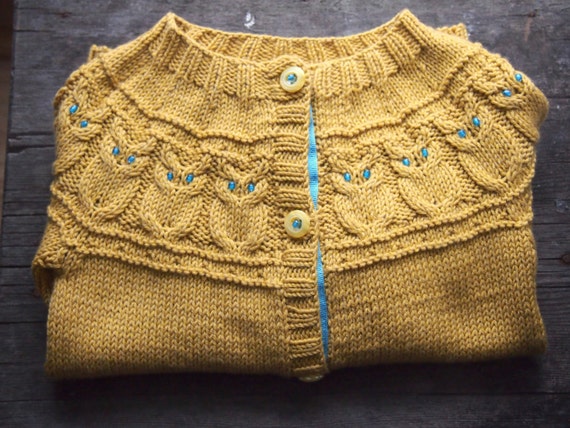 Owl cardigan for a toddler in mustard Merino wool with Wise  owlets for smart Classic design with modern twist