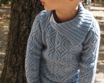 Merino wool cable sweater for toddler or children. Perfect for school, has classic look, high neck