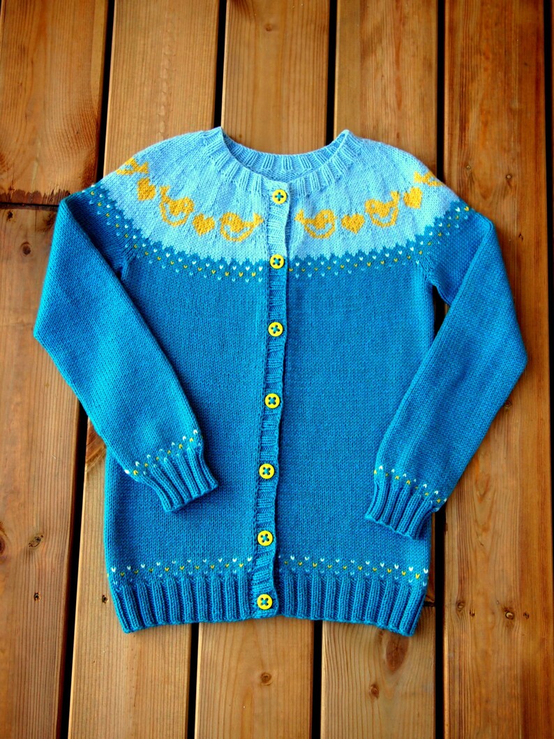 Classic yoke cardigan with fair isle and bird motif. Merino wool and Cotton blend. Must have for Children / Kids / Preschooler / Classic image 2