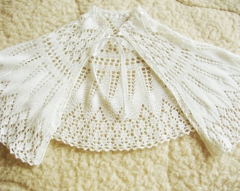 Knit cashmere and merino wool blend christening baptism cape. Fine heirloom lace, unisex design