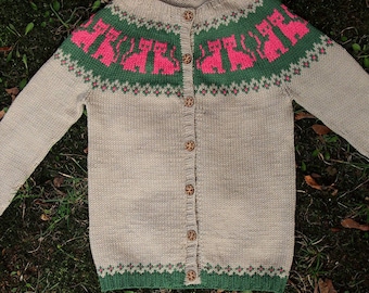 Cardigan for a toddler / Cat motif / Merino wool / Cotton / Children / Kids / Preschooler / Classic / Wooden buttons