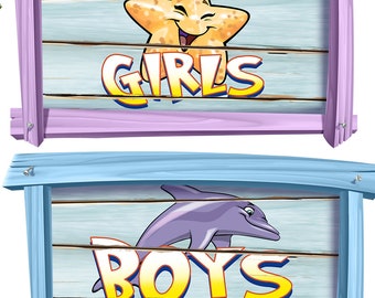 Beach or Boardwalk Themed Boys and Girls Restroom or Bathroom Door Signs Reusable and Removable Peel and Stick Wall Decals