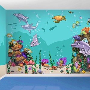 Playful Dolphin Reef Cartoon Undersea Ocean Exploration Room in a Tube Peel and Stick Wall Decals (Multiple Options and Add-Ons!)