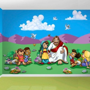 Biblical Jesus and the Children Room in a Tube Peel and Stick Wall Decals Mural Kit (w/ Add-On Options!)